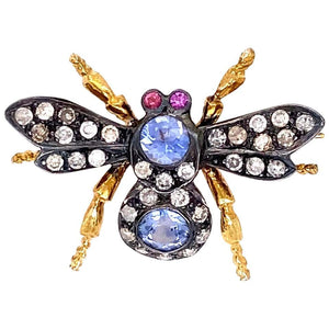 Diamond Sapphire Ruby Gold and Silver Fly Bee Brooch Pin Fine Estate Jewelry