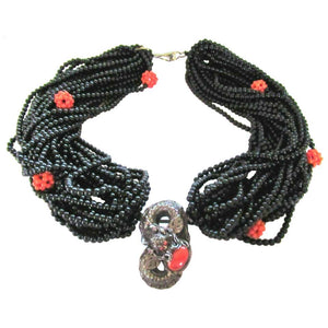 Genuine Coral and Multi Strand Black Onyx Silver Dragon Necklace