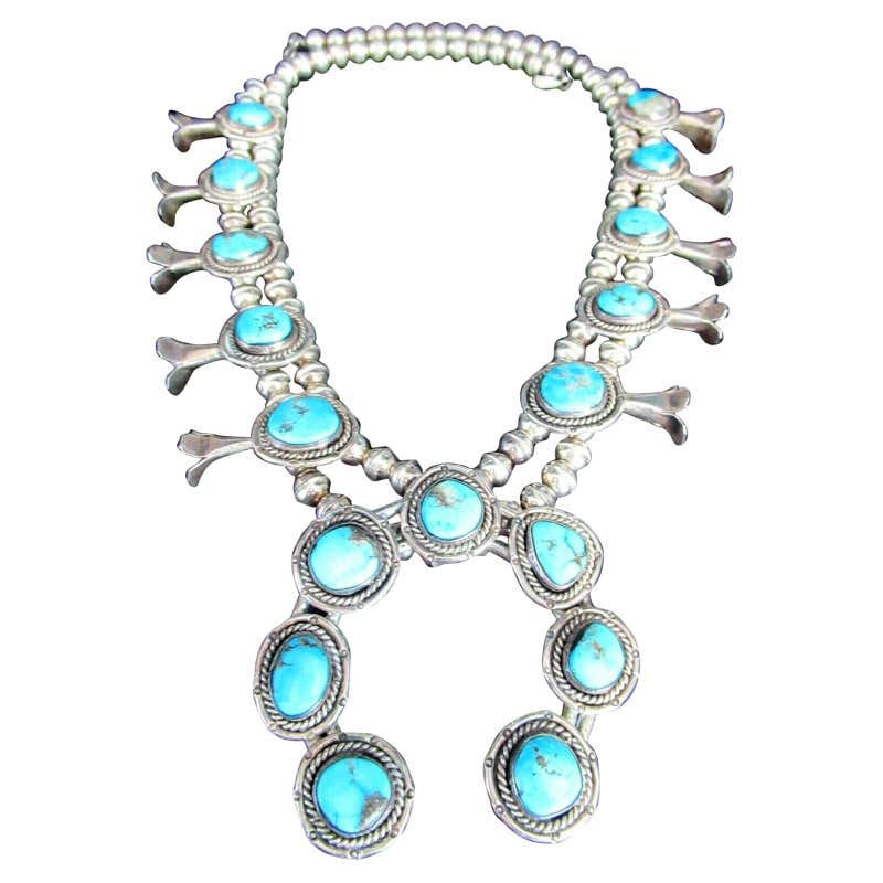 Necklace - Navajo Squash Blossom with Turquoise and Silver, CJALON22-03