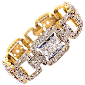 Diamond Sapphire Edwardian Style Platinum on Gold Bracelet Estate Fine Jewelry