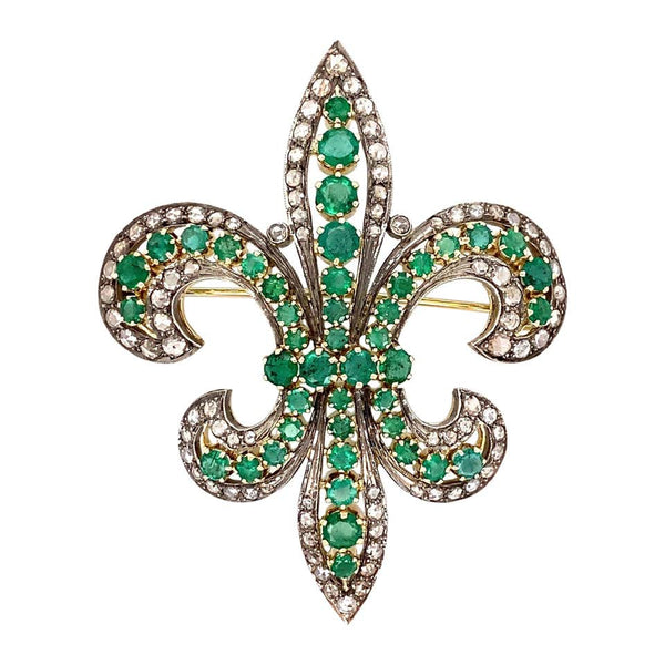 Diamond and Emerald Silver on Gold Fleur-De-Lys Brooch Pin Estate Fine Jewelry