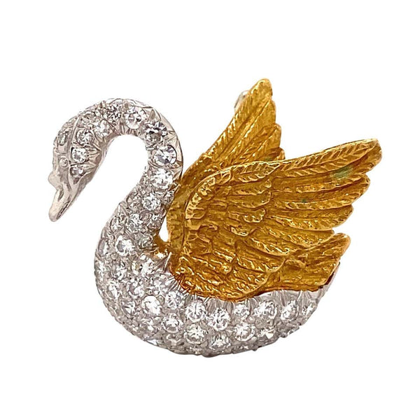 Diamond Swan Platinum and Gold Brooch Pin Fine Estate Jewelry