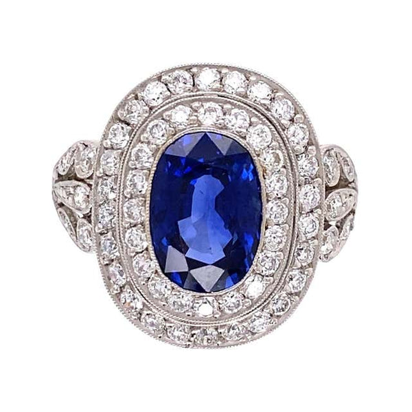 Natural Sapphire and Diamond Platinum Double Halo Ring Estate Fine Jewelry