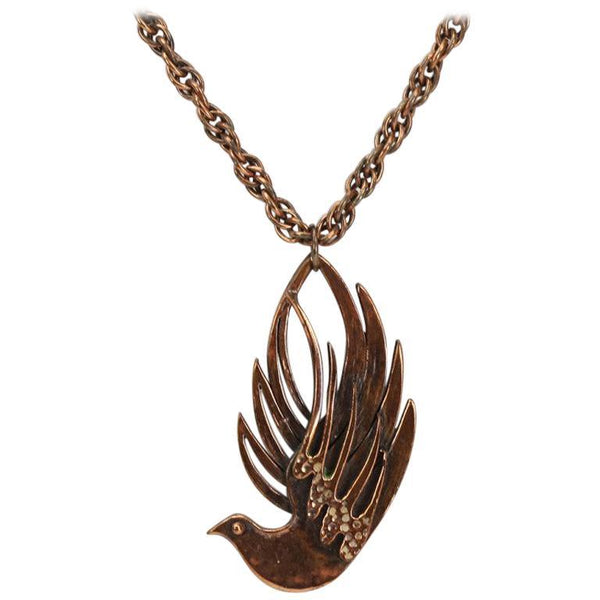 Mid Century Modern signed Rebajes Dove Bird Copper Pendant Chain Necklace