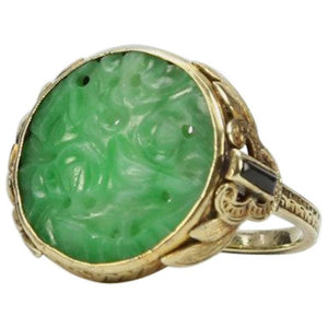 Antique Edwardian Carved Jade Onyx Gold Ring
