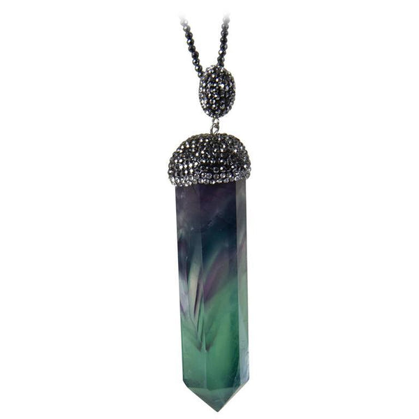 Faceted Multi-Colored Quartz Crystal and Hematite Long Drop Pendant Necklace