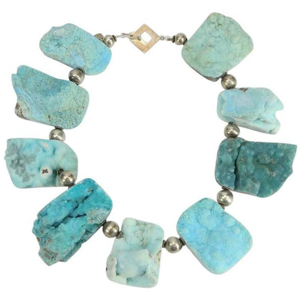 Natural Turquoise Druzy Quartz and Sterling Silver Necklace
