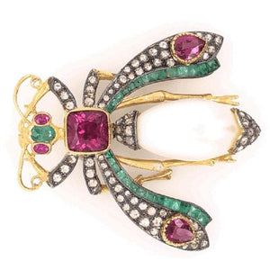 Tourmaline Emerald and Diamond Gold Beetle Scarab Brooch Pin Fine Estate Jewelry