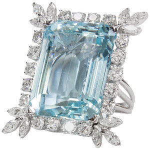 47 Carat Natural Aquamarine Diamond Platinum Ring