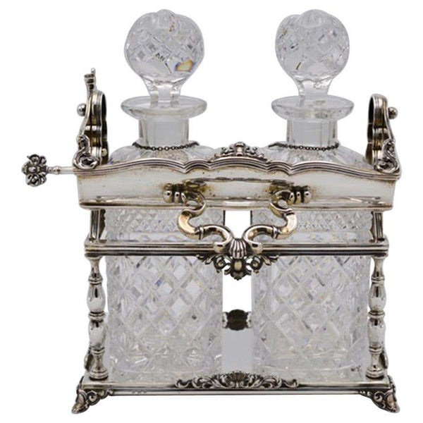 Antique Silver Locking Tantalus Original Decanters and Labels Europe Estate Find