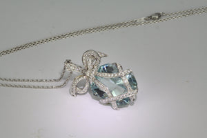 Outstanding 34.05 Carat Aquamarine Diamond Gold Bow Pendant Statement Necklace