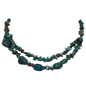 Turquoise Coral Sterling Silver Double Strand Necklace
