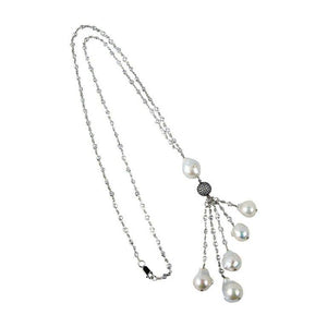 Striking CZ Sterling Silver White Pearl Drops Tassel Necklace