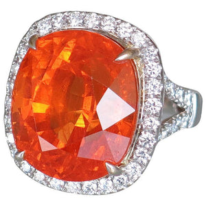 Sensational 37.75 Carat Cushion Cut Mandarin Garnet Diamond Ring