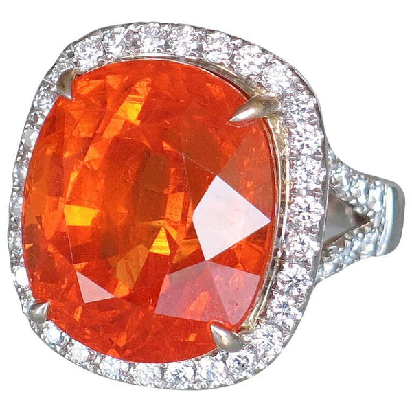 Sensational 37.75 Carat Cushion Cut Mandarin Garnet Diamond Ring