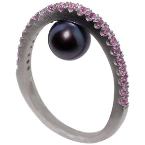 Beautiful Unique Black Pearl and Pink Sapphire Runway Ring