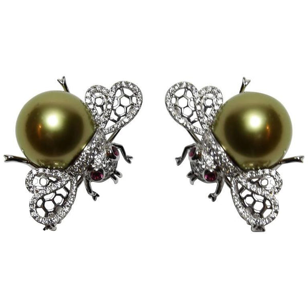Pair of Gold South Sea Pearl Diamond Ruby Gold Bumble Bee Brooch Pins