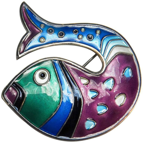 David Andersen Stylized Fish Enamel Sterling Silver Brooch Pin