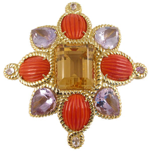 Tony Duquette 146 Carat Citrine Coral Amethyst and Kunzite Gold Brooch Pin