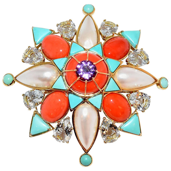 Tony Duquette Coral Turquoise Mabe Pearl Aquamarine Amethyst Gold Brooch Pin