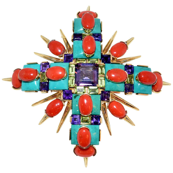 Tony Duquette Turquoise Coral Amethyst Peridot Gold Statement Brooch Pin
