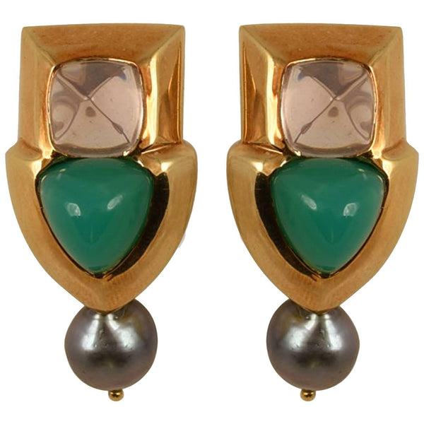 Fabulous Tony Duquette Rose Quartz Chrysoprase Black Pearl Gold Earrings