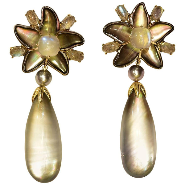 Tony Duquette Moonstone Crystal Stars and Drops Black Pearl Gold Earrings