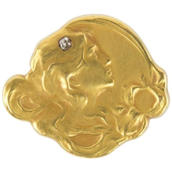 Art Nouveau Diamond Matte Gold Profile of a Maiden Brooch Pin Watch Holder