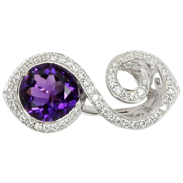 Toi et Moi Bypass Amethyst CZ Sterling Silver Rhodium Crossover Ring