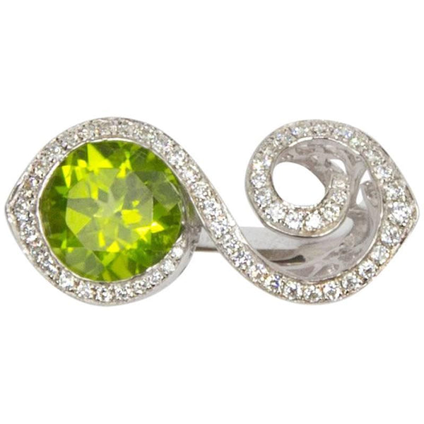 Toi et Moi Crossover Bypass Peridot CZ Sterling Silver Rhodium Crossover Ring