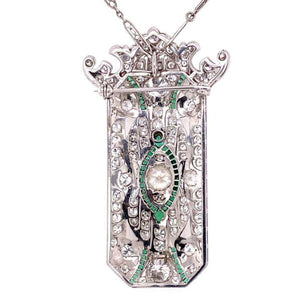 Diamond and Emerald Art Deco Style Platinum Brooch Pendant Necklace Fine Estate