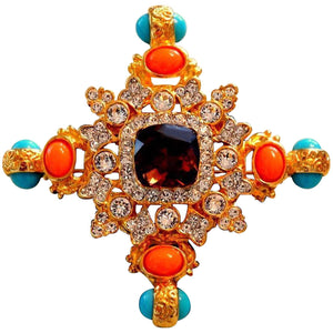 Kenneth Lane KJL Couture Faux Coral Turquoise Byzantine Maltese Cross Brooch Pin