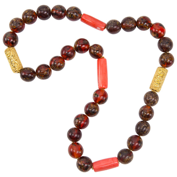 Antique Tibetan Natural Amber Coral and Gold Bead Necklace