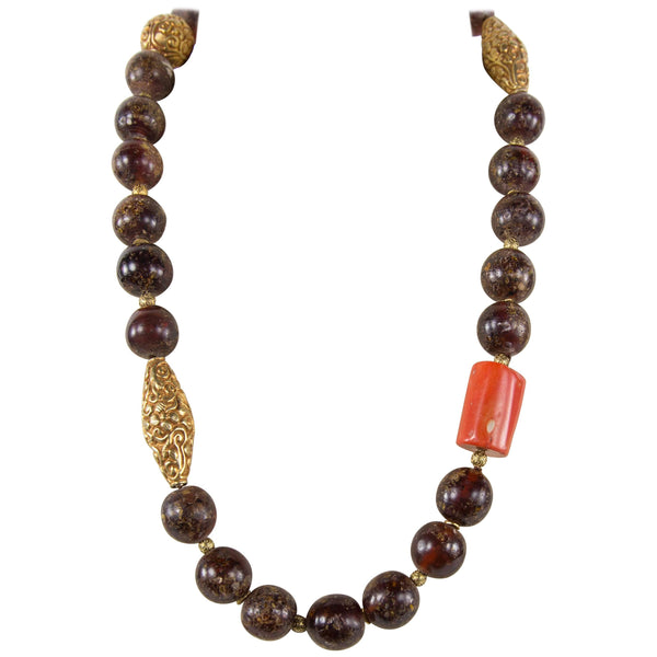 Fabulous Antique Tibetan Natural Amber Coral and Gold Beads Necklace