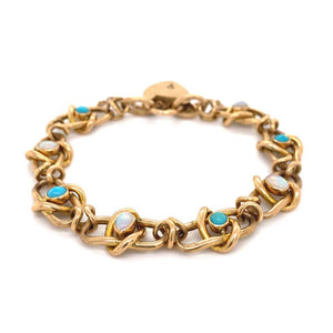 Victorian 15 Karat Gold Link Opal and Turquoise Bracelet Estate Fine Jewelry