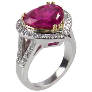 6.97 Carat Rubellite Heart Diamond Gold Statement Ring