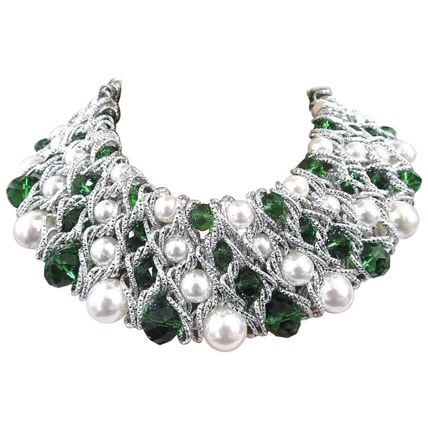 Fabulous Faux Pearl Emerald Green and Clear Crystal Caged Statement Necklace