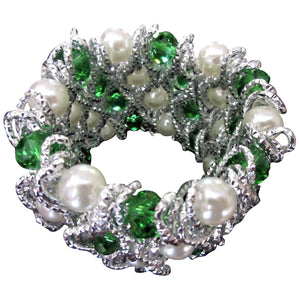 Fabulous Faux Pearl Emerald Green and Clear Crystal Caged Statement Bracelet