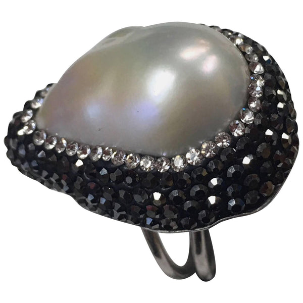 Luscious Teardrop Mobe Pearl and Faux Diamond Sterling Silver Statement Ring