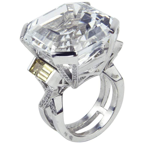 47.40 Carat Asscher Cut White Topaz Diamond Gold Ring