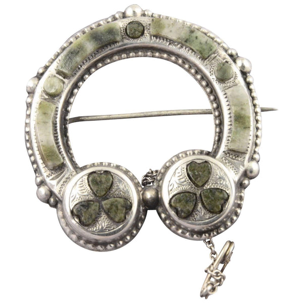 Edwardian Antique Irish Clover Connemara Marble Sterling Silver Brooch Pin