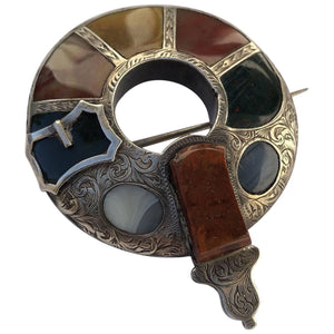 Victorian Sterling Silver Scottish Agate Garter Brooch Pin, circa 1890