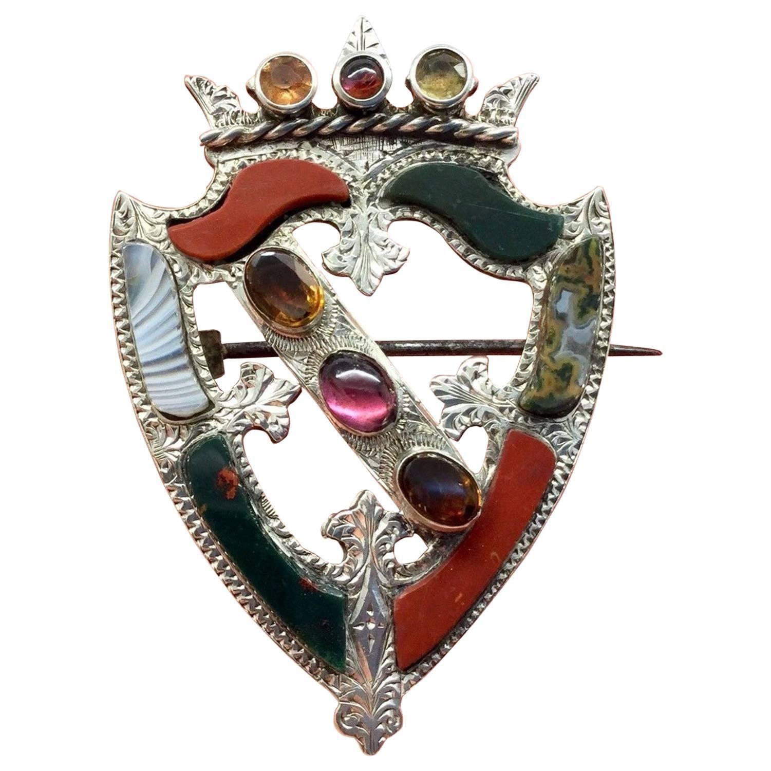 Scottish Victorian Shield and Garter Silver Brooch Pin 