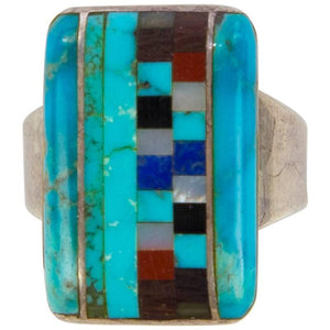 Stunning Navajo Turquoise Multi Stone Inlay Sterling Silver Statement Ring