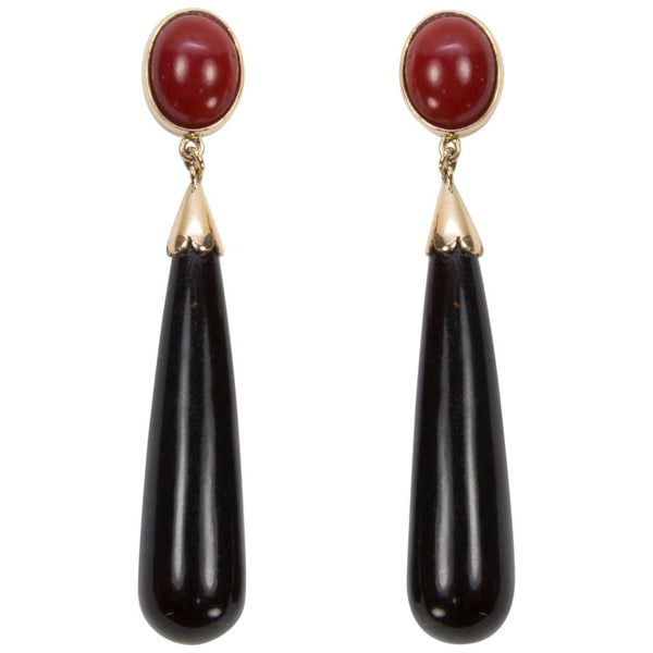 Red Coral and Black Coral Drop Gold Earrings