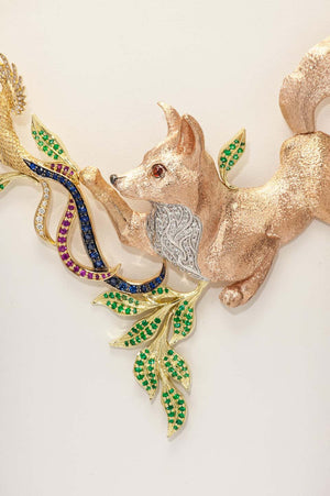 Fabled Fox and the Pheasants Diamond Emerald Ruby Sapphire Gold Necklace