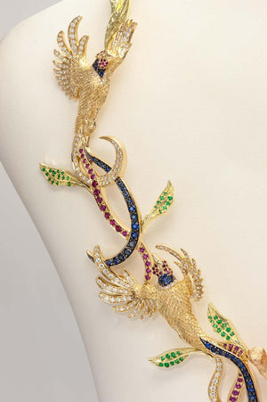 Fabled Fox and the Pheasants Diamond Emerald Ruby Sapphire Gold Necklace