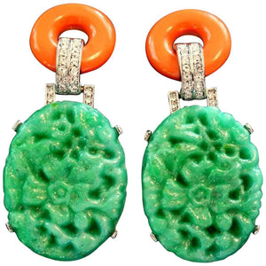 Signed Kenneth Lane KJL Carved Faux Jade and Coral Earrings