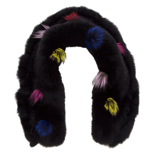 Rich Black Fox Fur Stole with Multi Colored Pom Pom Embellishments