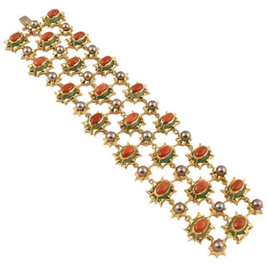 Exquisite Tony Duquette Chrysoprase Coral and Black Pearl Gold Bracelet